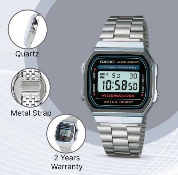 Casio Vintage Silver Dial Stailness Steel Band Digital Watch - For Men & Women D182 With Brand Box